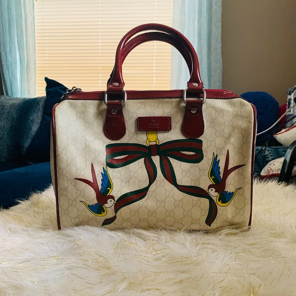 Vintage Gucci Speedy Bag Coated Canvas Monogram Medium Tattoo Birds Joy